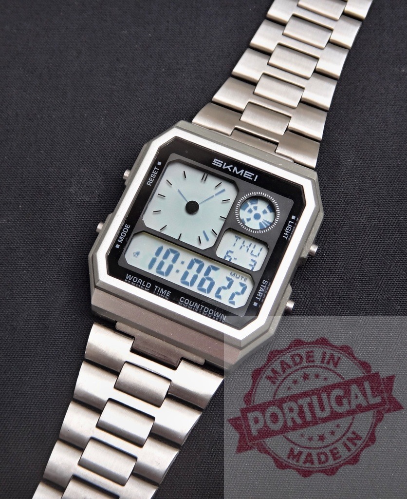 SKMEI ana-digi world time stainless steel watch | SKMEI ana-digi watch displaying world time on a black background - Realisiert mit Pictrs.com