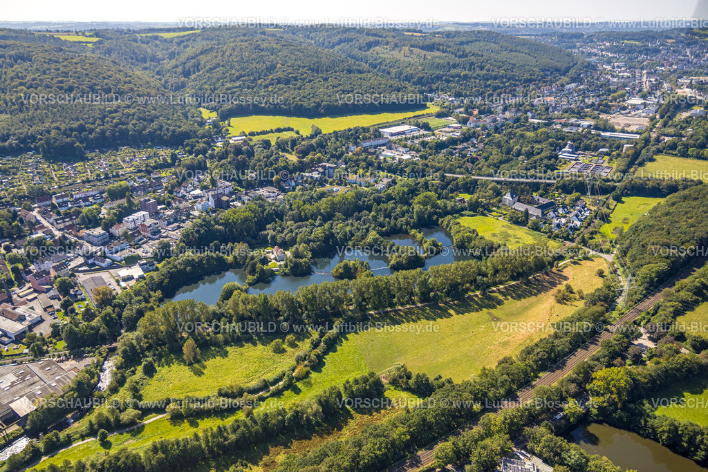 Gevelsberg240815655 | Luftbild, Vogelbeobachtungsstand Schönungsteiche Rocholz, Fluss Ennepe, Wohngebiet und Ortsansicht Berge, Gevelsberg, Ruhrgebiet, Nordrhein-Westfalen, Deutschland