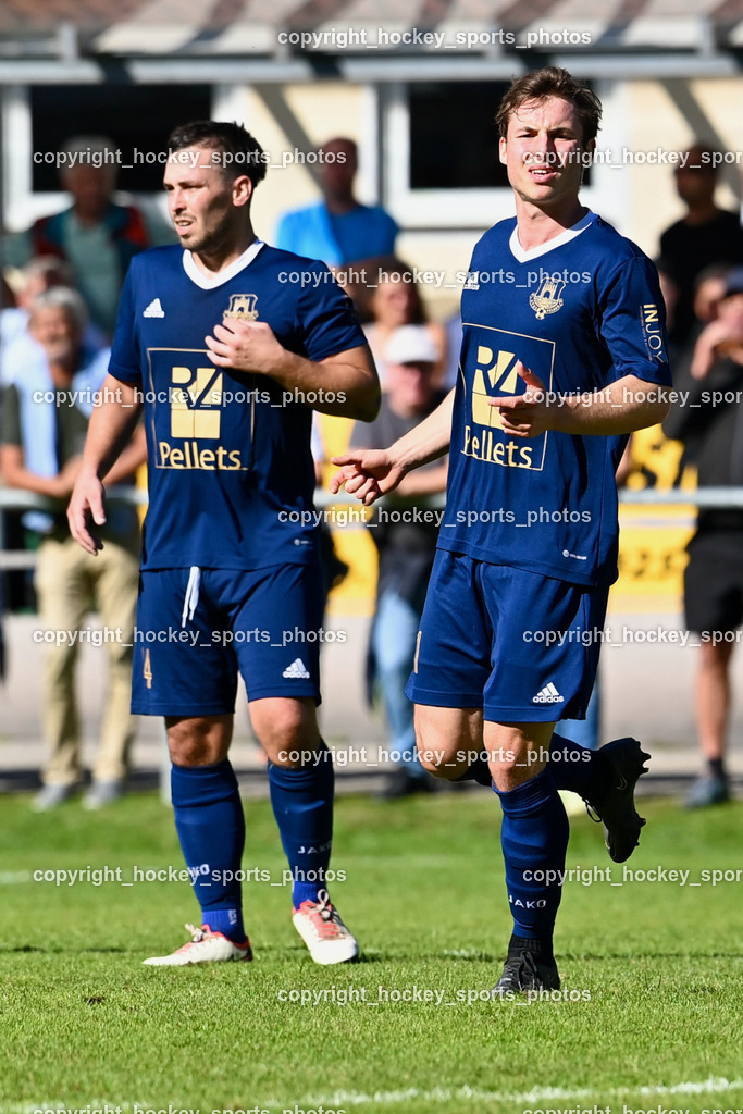 ATUS Velden vs. ASKÖ Köttmannsdorf 7.10.2023 | #24 Gerfried Einspieler ATUS Velden, #11 Marco Raunegger ATUS Velden, ATUS Velden vs. ASKÖ Köttmannsdorf 7.10.2023, ATUS Velden vs. ASKÖ Köttmannsdorf am 07.10.2023 in Velden (Wald Arena Velden), Austria, (Photo by Bernd Stefan)