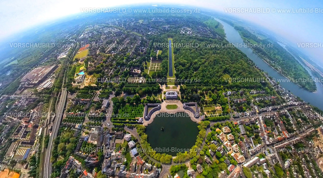 Duesseldorf240590104SchlossBenrath | Luftbild, Schloss Benrath mit Schlossweiher und Schlosspark, Orangerie Schloss Benrath und langgezogener Spiegelweiher, Erdkugel, Fisheye Aufnahme, Fischaugen Aufnahme, 360 Grad Aufnahme, tiny world, little planet, fisheye Bild, Benrath, Düsseldorf, Nordrhein-Westfalen, Deutschland