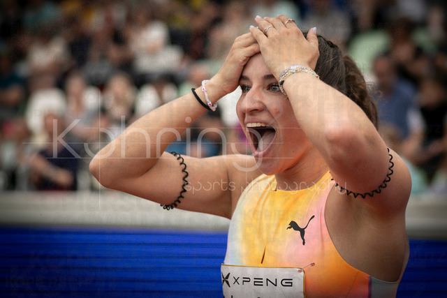 Golden Oval; Dresden, 31.05.2026 | DRESDEN , GERMANY - MAY 31:  Rosina Schneider (GER / Germany) and Lia Flotow (GER / Germany) celebrating after the 100m hurdles during the Golden Oval Continental Tour Silver meeting on May 31, 2026 at Heinz-Steyer-Stadion in Dresden, Saxony, Germany.