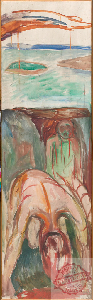 Edvard Munch Caricature Portrait of August Strindberg | Edvard Munch Figures representing angst and suffering under a surreal, desolate landscape with water - Realized with Pictrs.com