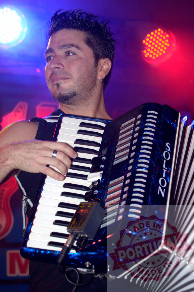 Musician playing blue Solton accordion on stage | Musician playing a blue Solton accordion during a live performance on stage - Realized with Pictrs.com