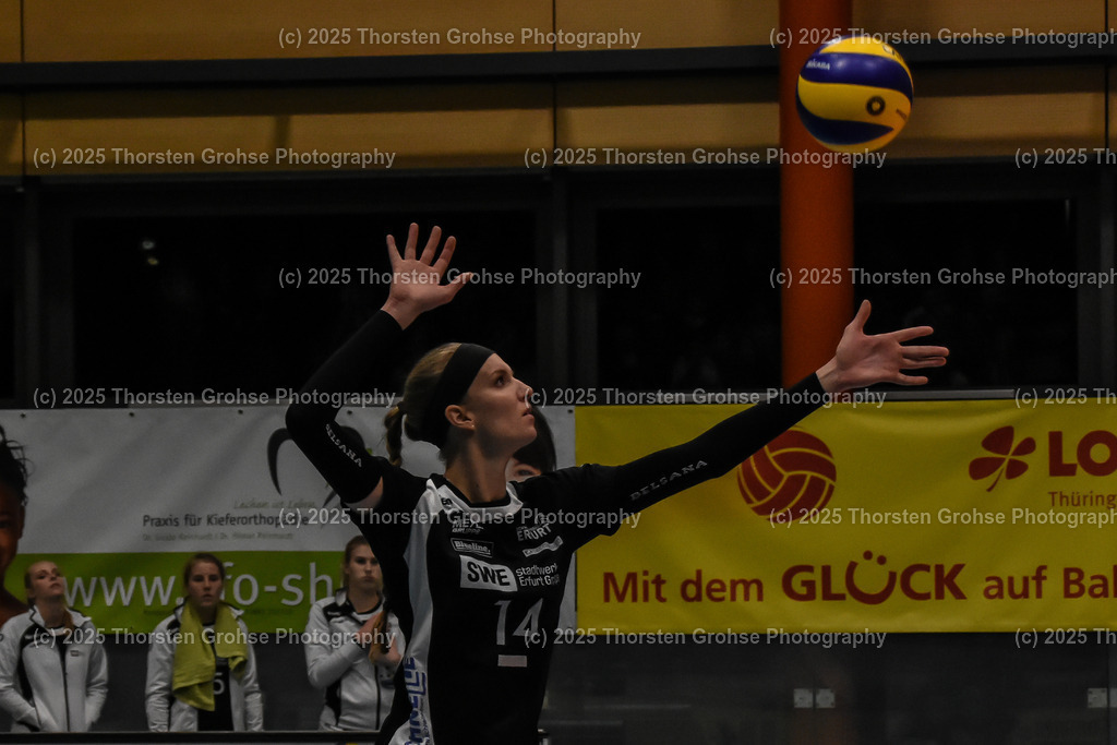 VBL VFB Suhl vs. SCHWARZ-WEISS Erfurt | Evyn Kaelee McCoy #14 (Schwarz-Weiss Erfurt); VBL VFB Suhl vs. SCHWARZ-WEISS Erfurt, Volleyball-Bundesliga Frauen am 17.02.2018 in der Multihalle in Meiningen, (Deutschland) - Realisiert mit Pictrs.com