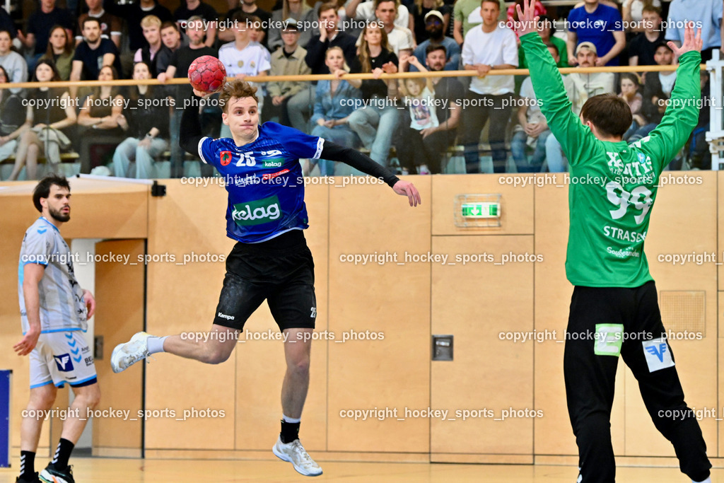 SC Ferlach vs. HSG Xentis Lipizzanerheimat | #61 Golubovic Milan HSG Xentis Lipizzanerheimat, #25 PLONER Florian SC Ferlach, #99 Strasek Denis HSG Xentis Lipizzanerheimat,  SC Ferlach vs. HSG Xentis Lipizzanerheimat, SC Ferlach vs. HSG Xentis Lipizzanerheimat am 18.04.2026 in Ferlach (Ballspielhalle Ferlach), Austria, (Photo by Bernd Stefan)