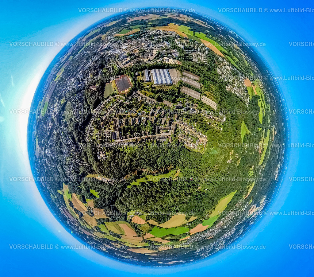 Heiligenhaus240890745West | Luftbild, Wohngebiet Wassermangel und Ortsansicht Heiligenhaus-West, Hauptstraße Bundesstraße B227, Fußballstadion Am Sportfeld SSVg 09/12 Heiligenhaus e.V., Erdkugel, Fisheye Aufnahme, Fischaugen Aufnahme, 360 Grad Aufnahme, tiny world, little planet, fisheye Bild, , Heiligenhaus, Ruhrgebiet, Nordrhein-Westfalen, Deutschland