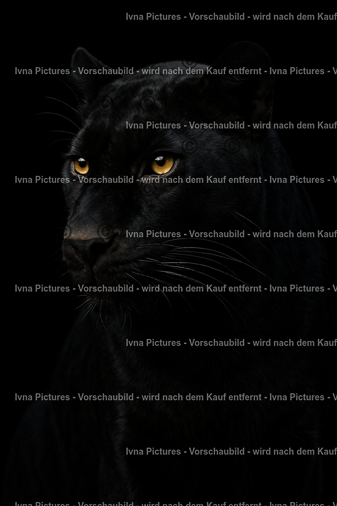 Schwarzer Jaguar im Schatten | Vor dunklem Hintergrund erscheint ein schwarzer Jaguar, dessen kräftig leuchtende Augen sofort ins Auge fallen. Trotz der tiefen Schwärze hebt sich sein wunderschönes Fell klar ab und unterstreicht die geheimnisvolle Kraft und Eleganz dieses Tieres. - Realisiert mit Pictrs.com