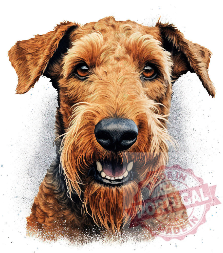 Airedale terrier dog portrait digital watercolor art | Professional artful dog portraits Airedale terrier dog smiling, a vibrant digital illustration with watercolor splash effects - Realized with Pictrs.com