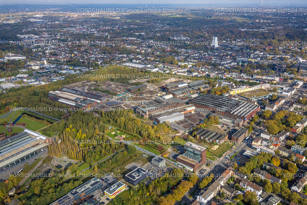 Bochum241016308 | Luftbild, Bochumer Verein, ehemaliges Krupp Stahlwerk Gelände, hinten der verhüllte Förderturm des Bergbaumuseums, Kruppwerke, Bochum, Ruhrgebiet, Nordrhein-Westfalen, Deutschland