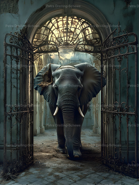 Elephant in Archway | A striking satin-finish stretched canvas that brings quiet grandeur to any indoor wall. Deep, luminous inks render the elephant’s slow, steady presence and the wrought-iron archway’s faded details with cinematic clarity. The satin surface softens highlights for a painterly look while vibrant, REACH-certified inks lock in mood and color for years. Mounted on a sturdy wooden inner frame with metallic hanging hardware, this piece arrives ready to hang vertical or horizontal, making it easy to place above a mantel, beside a reading nook, or in a moody hallway. - Realisiert mit Pictrs.com