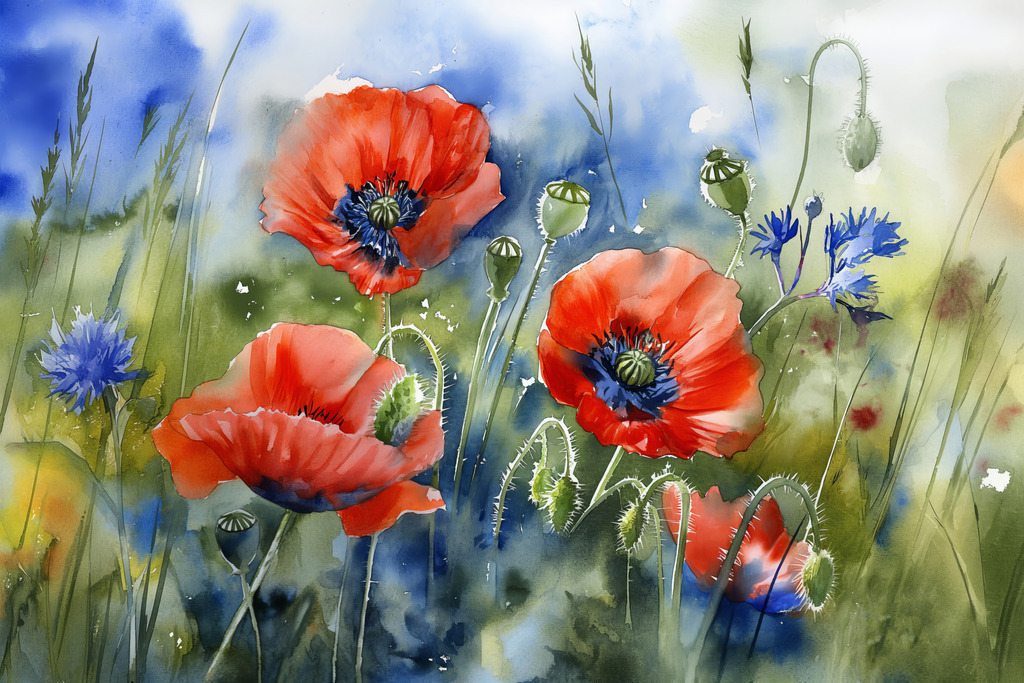 2407045 - Mohnblumen Aquarell | Roter Mohn im Aquarellstil als hochwertiger Kunstdruck. Für Preise, Größen- und Materialauswahl klicken Sie bitte auf "Bestellen.