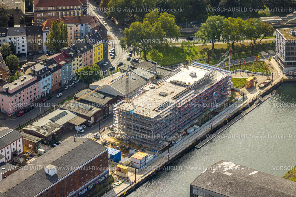 Dortmund231000720 | Luftbild, Dortmunder Hafen, Baustelle mit Neubau an der Speicherstraße, Hafenpromenade, Hafen, Dortmund, Ruhrgebiet, Nordrhein-Westfalen, Deutschland