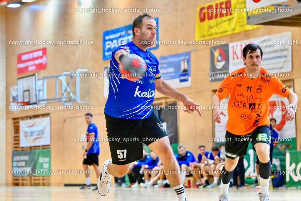 SC Ferlach vs. HSG Holding Graz 23.9.2023 | #57 LEBAN Patrik SC Ferlach, #11 ALBEK Joszef Holding Graz, SC Ferlach vs. HSG Holding Graz 23.9.2023, SC Ferlach vs. HSG Holding Graz am 23.09.2023 in Bleiburg (Ballspielhalle Ferlach), Austria, (Photo by Bernd Stefan)