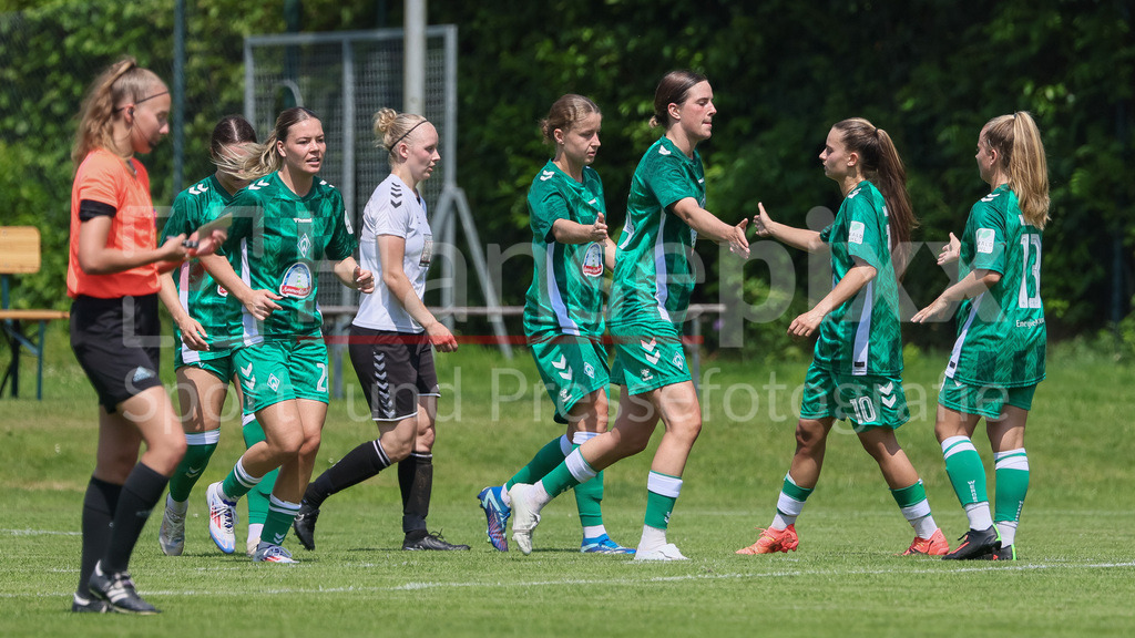 Fussball, Testspiel Frauen, SV Henstedt-Ulzburg - SV Werder Bremen | v.li.: Spielerinnen des SV Werder Bremen mit Torjubel, Jubel, jubeln, jubelt, optimistisch, Spielszene, Highlight, Freude über das Tor