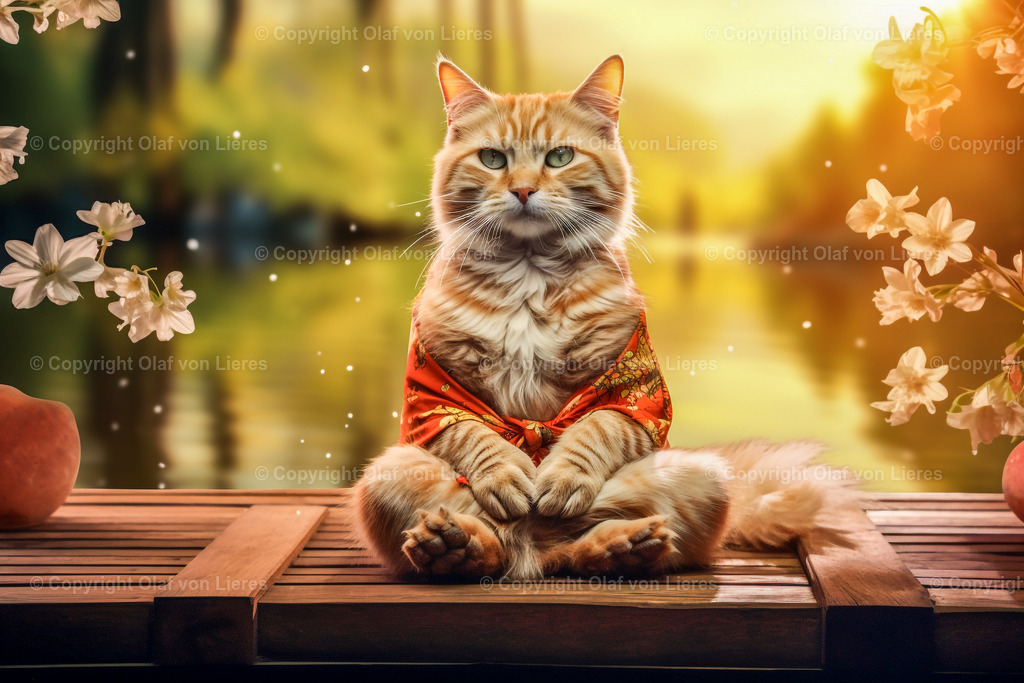 Katze meditiert am See | Katze auf Holzsteg am See