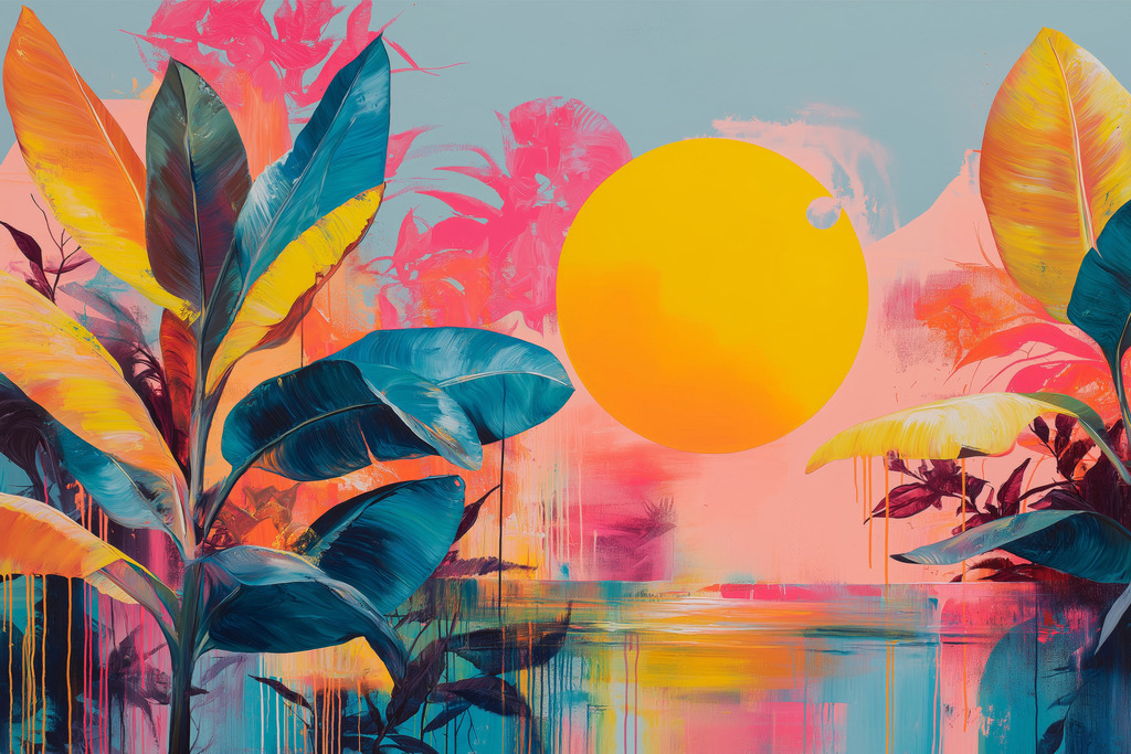 2605005 - Tropen in Neon und Teal | Das Werk zeigt eine exotische Uferlandschaft unter einer monumentalen, gelben Sonne. Die üppige Vegetation wird durch intensive Neonfarben und tiefe Teal-Töne abstrahiert, während herablaufende Farbakzente im Vordergrund eine urbane Modernität erzeugen. Eine leuchtende Komposition, die klassische tropische Motive mit einer kräftigen, zeitgenössischen Ästhetik verbindet.