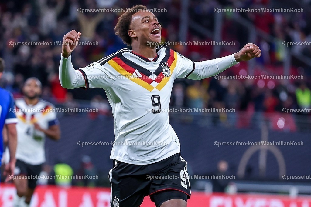 DFB17112503046 | 17.11.2025, Fußball, Länderspiel, WM-Qualifikation Europa, Deutschland - Slowakei, Red Bull Arena (Leipzig), 10. Spieltag, Saison 2025 2026: Torjubel nach dem Tor zum 6:0 durch Torschütze Forzan Assan Ouedraogo (GER #09) Regulations prohibit any use of photographs as image sequences and or quasi-video.