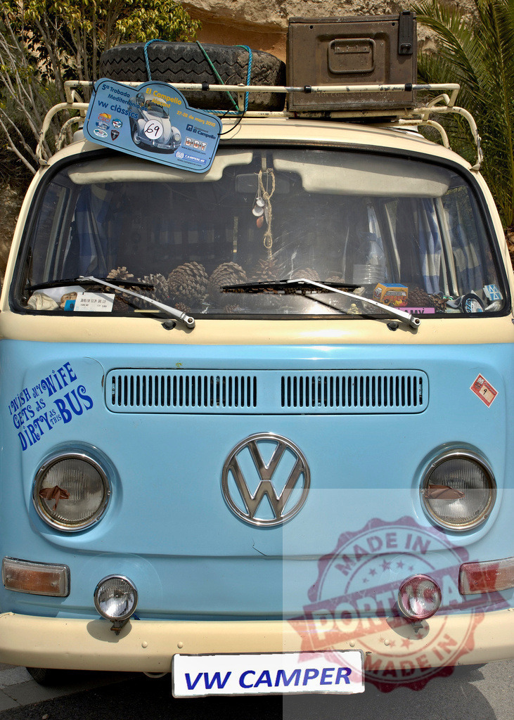 Vintage VW Camper with Surfboard and Luggage | Classic VW camper showcasing retro style and travel spirit - Realized with Pictrs.com
