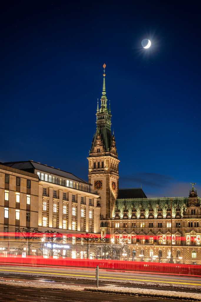 10240141 - Mond über dem Hamburger Rathaus | Blick auf das Hamburger Rathaus bei Mondschein zur blauen Stunde.