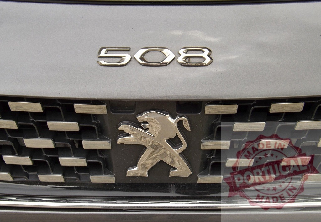 Peugeot 508 car front grille with chrome lion emblem | Peugeot 508 car grille displaying the chrome logo and model number - Realized with Pictrs.com