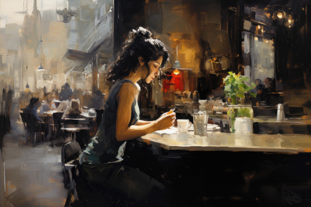 2307146 - Frau im Cafe | Bestellen Sie dieses moderne Wandbild als Kunstdruck auf Leinwand, Acrylglas, Alu-Dibond, Akustikbild oder als Poster.