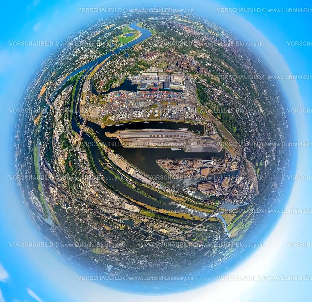Duisburg230790185_DuisburgerHafen | Luftbild, Duisburger Hafen, duisport, Ölinsel, Kohleninsel, Schrottinsel, Erdkugel, Fisheye Aufnahme, Fischaugen Aufnahme, 360 Grad Aufnahme, tiny world, Ruhrort, Duisburg, Ruhrgebiet, Nordrhein-Westfalen, Deutschland