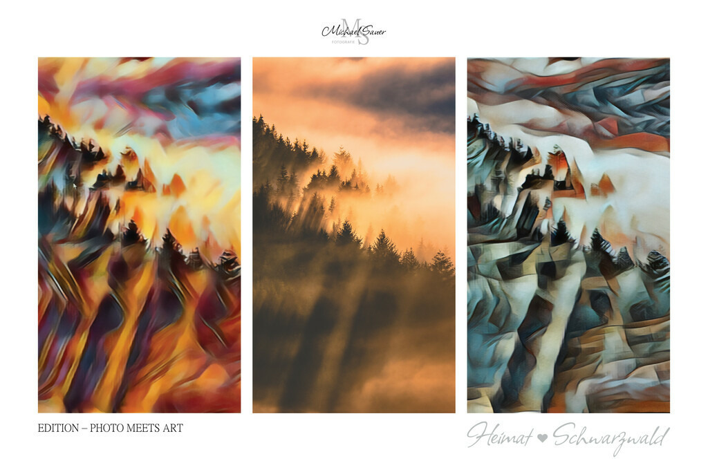 Edition “PHOTO MEETS ART” | Die Edition “PHOTO MEETS ART” ist eine außergewöhnliche Schwarzwald-Bildergalerie für alle Kunstliebhaber. Bei diesen Werken handelt es sich um exklusive Digitalkunst, bei denen mittels künstlicher Intelligenz neue Visualisierungen erschaffen wurden. Das Ergebnis ist eine 3er-Bild-Collage mit der realen Fotografie im Zentrum, flankiert von zwei unterschiedlichen Kunststilen. Natürlich ausschließlich mit Bildern aus dem Schwarzwald! - Realisiert mit Pictrs.com