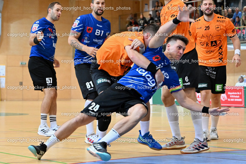 SC Ferlach vs. HSG Holding Graz 23.9.2023 | #57 LEBAN Patrik SC Ferlach, #81 MILICEVIC Adrian SC Ferlach, #24 JOVANOVIC Mladan SC Ferlach, #29 Schweighofer Lukas Holding Graz, SC Ferlach vs. HSG Holding Graz 23.9.2023, SC Ferlach vs. HSG Holding Graz am 23.09.2023 in Bleiburg (Ballspielhalle Ferlach), Austria, (Photo by Bernd Stefan)