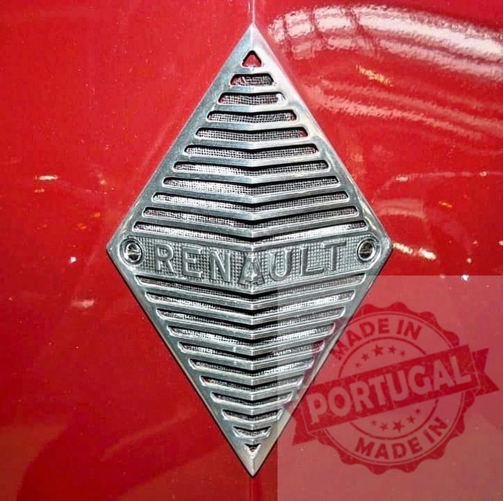 Vintage Renault diamond logo on red car grille | Renault diamond emblem with classic grille details on a vintage red car - Realized with Pictrs.com