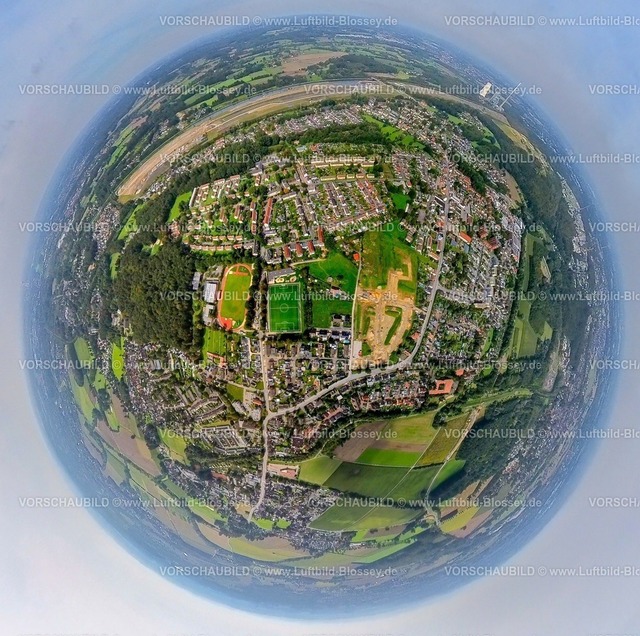 Bergkamen230990131 Oberaden | Luftbild, Sportanlage Römerberg-Stadion, Römerbergwald, Baustelle an der Jahnstraße, Wasserstadt Aden und Kraftwer Bergkamen, Erdkugel, Fisheye Aufnahme, Fischaugen Aufnahme, 360 Grad Aufnahme, tiny world, Oberaden, Bergkamen, Ruhrgebiet, Nordrhein-Westfalen, Deutschland