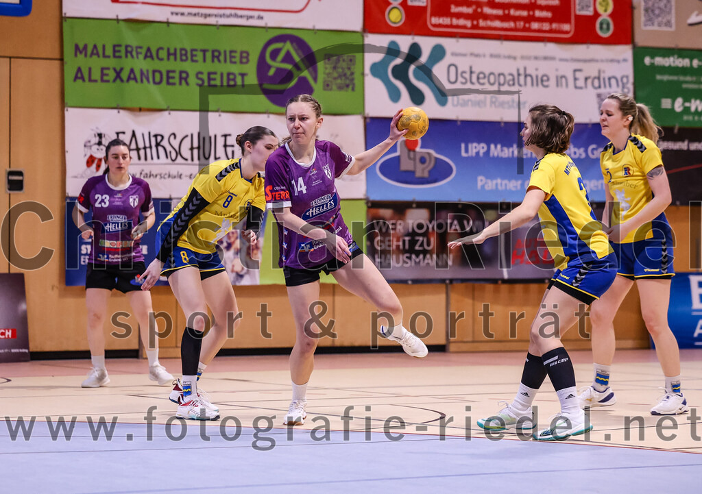 2025-02-15_020_SpVgg_Altenerding_gegen_MTV_Pfaffenhofen | Erding, Deutschland, 15.02.2025:Handball, Bezirksoberliga Frauen Altbayern 2024 / 2024, 14. Spieltag, SpVgg Altenerding gegen MTV Pfaffenhofen, Endergebnis: 27:23Katharina Künstner (SpVgg Altenerding, #23), Katharina Englisch (MTV Pfaffenhofen, #8), Sophie Lößl (SpVgg Altenerding, #14), Magdalena Scherer (MTV Pfaffenhofen, #2), Daniela Reiher (MTV Pfaffenhofen, #22)Foto: Christian Riedel / fotografie-riedel.net