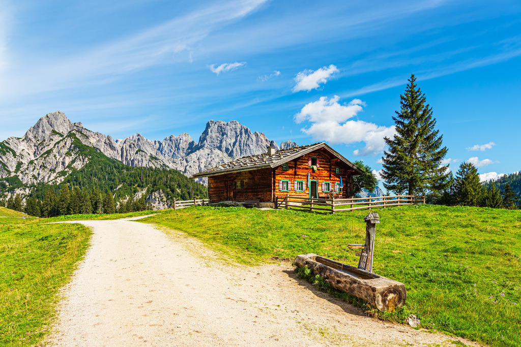 Blick auf die Litzlalm mit Hütte in den Alpen in Österreich | Blick auf die Litzlalm mit Hütte in den Alpen in Österreich.