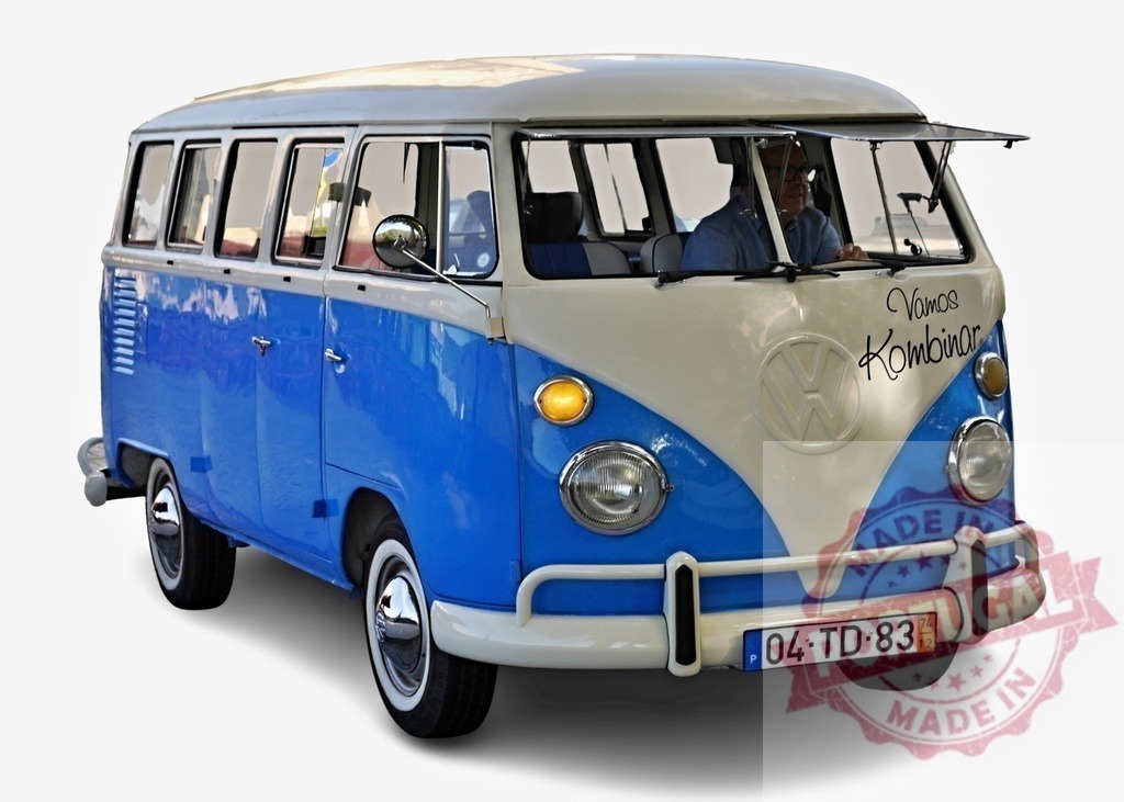 Blue and white Volkswagen Kombi van driving on a sunny day | Classic Volkswagen Kombi van in blue and white, reminiscent of vintage travel and carefree adventures - Realized with Pictrs.com