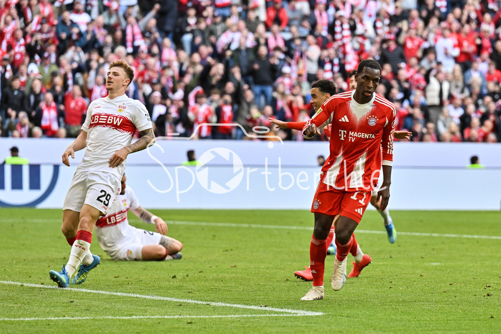 FC Bayern München - VfB Stuttgart | MUNICH, GERMANY - 19. APRIL: Bayern celebrating the goal to makes 2-1 / Tor / Torschuetze / Freude / Happy - Nicolas JACKSON (FC Bayern Munich 11) during the Bundesliga Match between FC Bayern Munich vs. VfB Stuttgart at Matchday 30 at Allianz Arena / DFL REGULATIONS PROHIBIT ANY USE OF PHOTOGRAPHS AS IMAGE SEQUENCES AND/OR QUASI-VIDEO