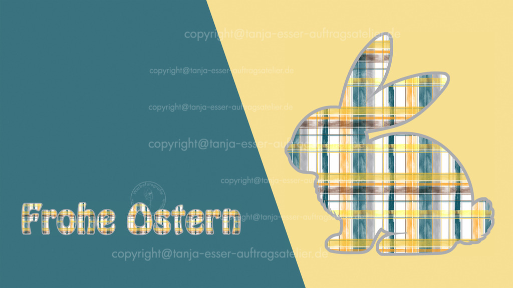 Happy Easter kariert | Neues Design mit karierter Silhouette eines sitzenden Hasen und  deutscher Text: Frohe Ostern in modernem Farbdesign. Das Karo ist im Aquarell Farben Stil angelegt. Copy Space.  