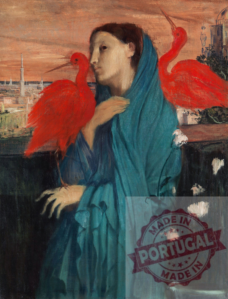 Edgar Degas Young woman observing city while scarlet ibises fly | Young woman in a blue veil looking over a cityscape with two bright red ibises - Realisiert mit Pictrs.com