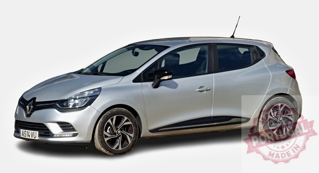 Renault Clio parked, showcasing its modern and compact design | Silver Renault Clio parked against a white background, highlighting its sleek profile and contemporary hatchback style - Realized with Pictrs.com