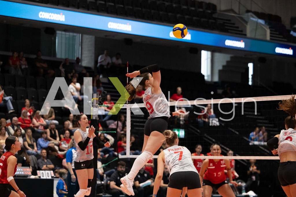 Georgia v Switzerland - CEV European League Women | KRIENS, SWITZERLAND - JUNE 12: SARINA WIELAND of Switzerland attack / spike during the CEV European League match between Georgia and Switzerland at Pilatus Arena on June 12, 2026 in Kriens, Switzerland. - Realisiert mit Pictrs.com