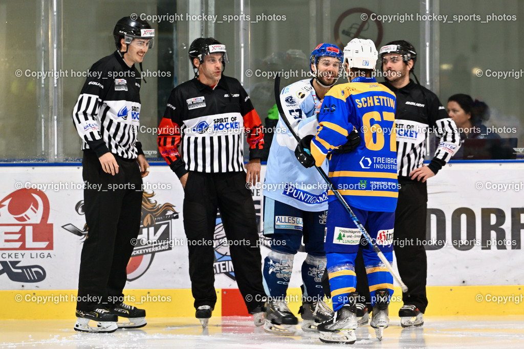 ESC Steindorf vs. EHC Althofen 4.11.2023 | Telesklav Fabio, Dreier Alexander, Referees, #57 Wilfan Franz, #67 Schettina Kevin, Grimminger Raphael Referee