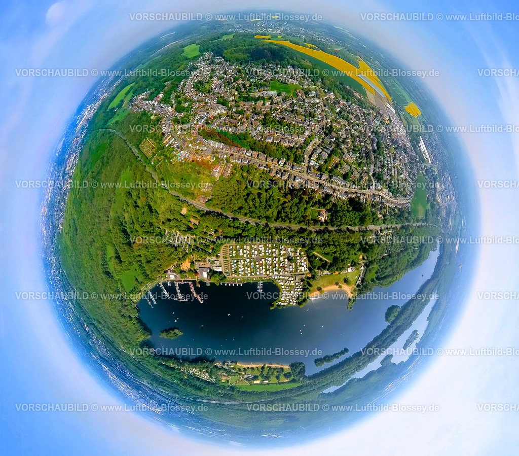 Duesseldorf240590088UnterbacherSee | Luftbild, Unterbacher See mit Strandbad Nord mit Campingplatz Nord und Strandbad Süd mit Campingplatz Süd, Segelboote und Bootsanlegestellen, oben Wohngebiet Ortsteil Unterbach mit Vennstraße und Waldgebiet Eller Forst, Erdkugel, Fisheye Aufnahme, Fischaugen Aufnahme, 360 Grad Aufnahme, tiny world, little planet, fisheye Bild, Unterbach, Düsseldorf, Nordrhein-Westfalen, Deutschland