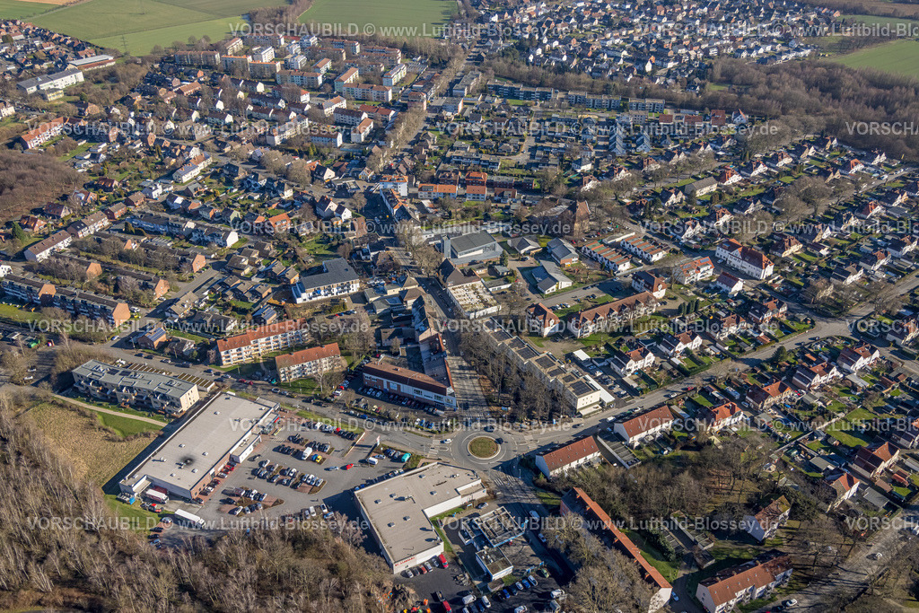 Luenen230203846 | Luftbild, Ortsansicht Horstmar, mit Rewe, Rossmann und Tedi, Kreisverkehr Preussenstraße, Horstmar, Lünen, Ruhrgebiet, Nordrhein-Westfalen, Deutschland