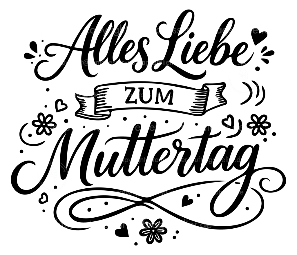 Schwarzes Muttertags Handlettering mit Herzen und Schnörkeln freigestellt D | Handlettering-Design zeigt deutschen Text: Alles Liebe zum Muttertag in einer eleganten Kombination aus Schreibschrift und dekorativer Serifenschrift. Liebevolle Details wie Herzen, Blumen, Schnörkeln und ein Banner. Isoliert vor transparentem Hintergrund. 