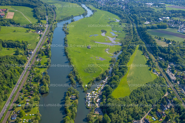 Witten240506827 | Luftbild, NSG Naturschutzgebiet Ruhraue Gedern, Ruhrinsel im Fluss Ruhr und Campingplatz Steger, Ruhrufer und Camping Wetterstraße am Kanuclub Witten, Bahnlinie Witten-Wetter, rechts Bahnlinie Ruhrtalbahn, Bommern, Witten, Ruhrgebiet, Nordrhein-Westfalen, Deutschland
