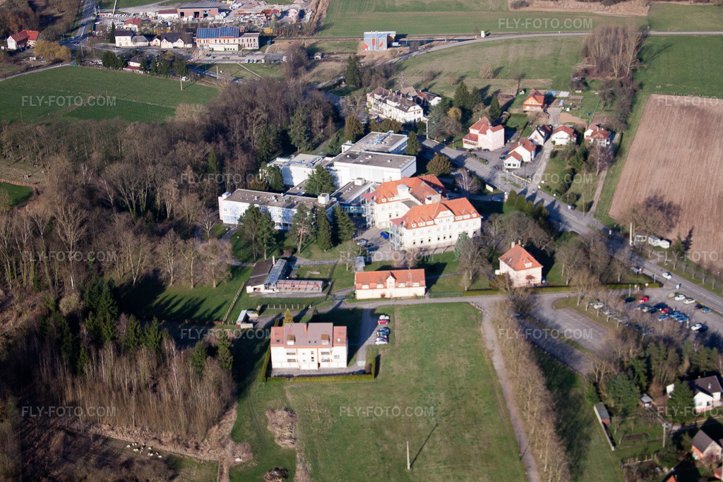 Aerial view: View of the town in Morsbronn-les-Bains in the state Bas-Rhin, France.Photo: IMG_38710.jpg taken on 03/20/2011 by Werner Riehm/FLY-FOTO.comResolution of the original: 4752 x 3168 px