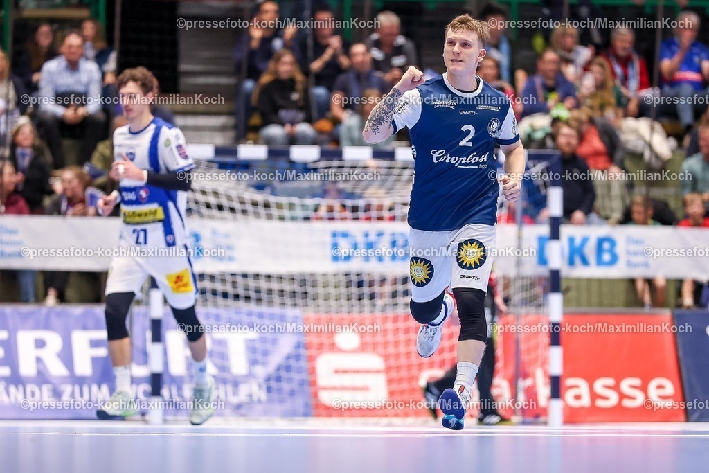 BHC11122501042 | 11.12.2025, Handball, HBL, Bergischer HC - ThSV Eisenach, Unihalle Wuppertal: Noah Beyer (BHC #02) jubelnd 