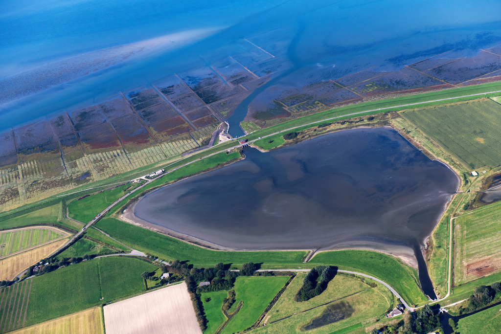 dr__0202057.jpg | TETENBüLL 06.09.2023 Prielenbildung an den Uferbereichen mit Wattenlandschaft am Flußverlauf an der Straße L32 in Tetenbüll im Bundesland Schleswig-Holstein, Deutschland. 