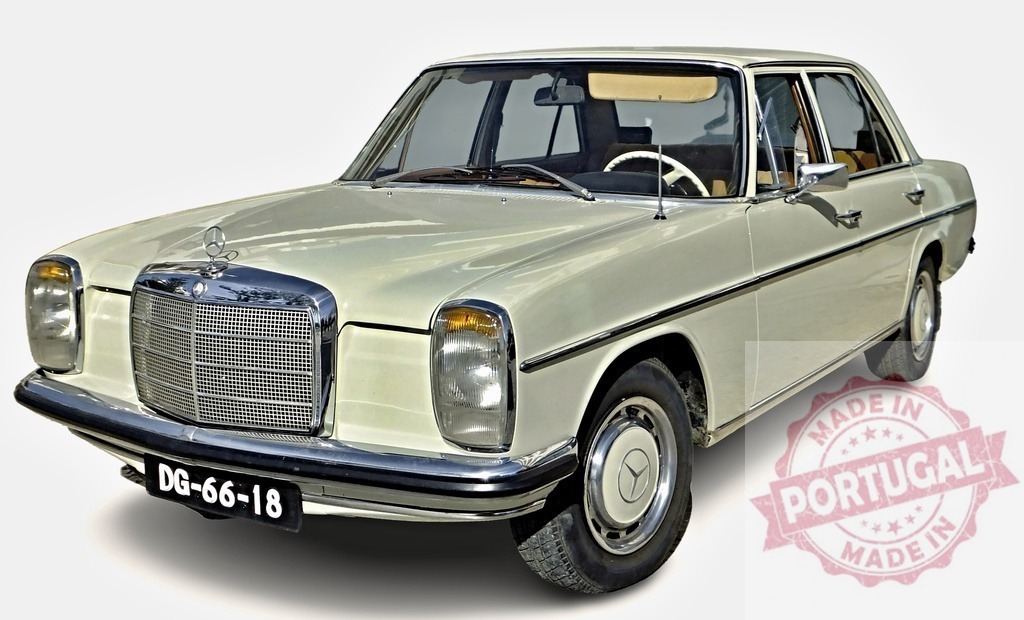 Classic Mercedes-Benz W114 Coupe posing on white background | Vintage Mercedes-Benz W114 posing on a white background, showcasing its timeless design and elegance - Realisiert mit Pictrs.com