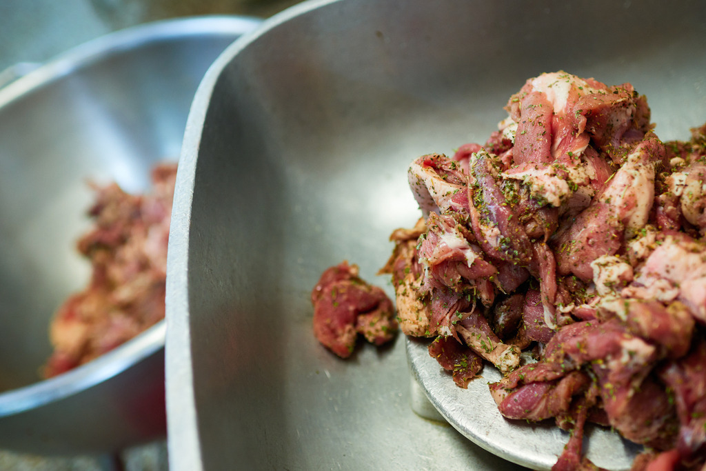 Fleischerei Dormayer | Langenzersdorf, Austria - February 12, 2019: Fleischerei Dormayer - Blutwurst Herstellung; das gewürzte Fleisch wird in den Kutter gegeben. - Realisiert mit Pictrs.com