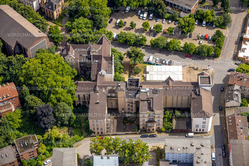 Duisburg240705201-Mitte | Luftbild, St.-Vincenz-Hospital, Container-Kita Kindergarten, Dellviertel, Duisburg, Ruhrgebiet, Nordrhein-Westfalen, Deutschland