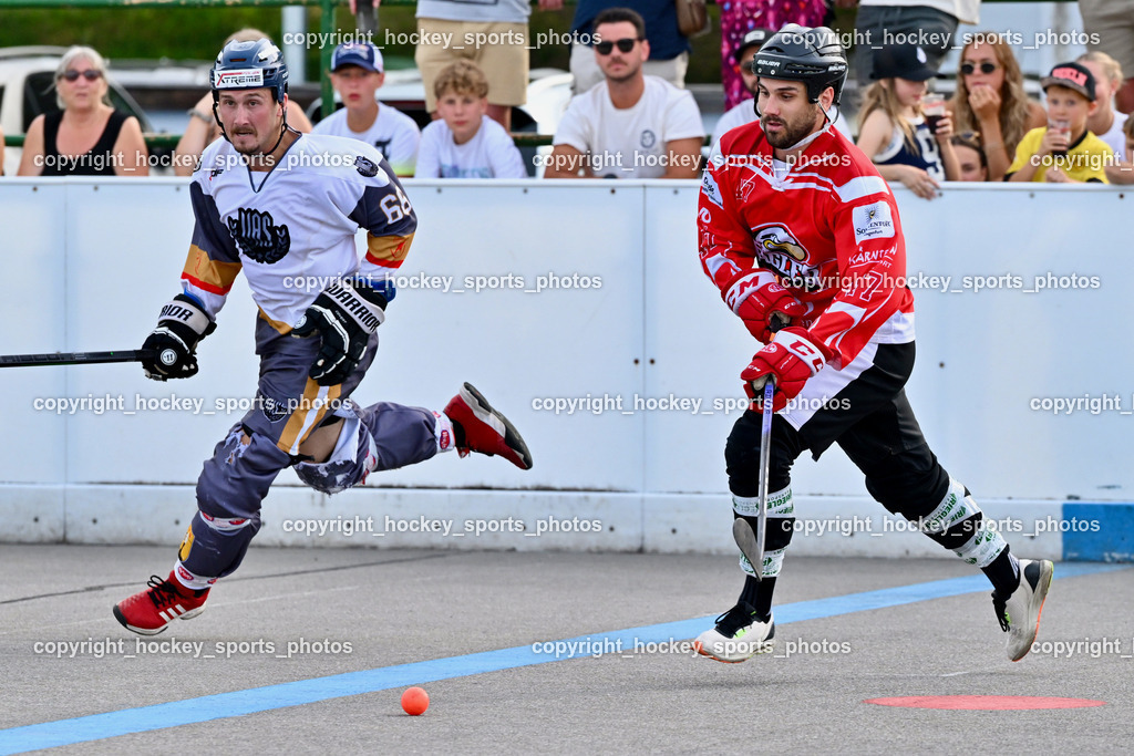 VAS Ballhockey vs. HSC Eagles Poggersdorf | #66 Hintermann Daniel, #47 Witting Marcel, VAS Ballhockey vs. HSC Eagles Poggersdorf, VAS Ballhockey vs. HSC Eagles Poggersdorf am 14.07.2024 in Villach (Alpen Arena ), Austria, (Photo by Bernd Stefan)